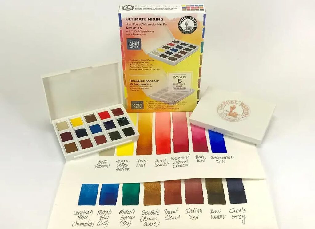 DANIEL SMITH Hand Poured Watercolor, Half Pans, Ultimate Mixing Set with 15 Watercolor Half Pans, 15 Empty Half Pans, 2 Plastic Travel Cases (total 32 pieces) 285650009